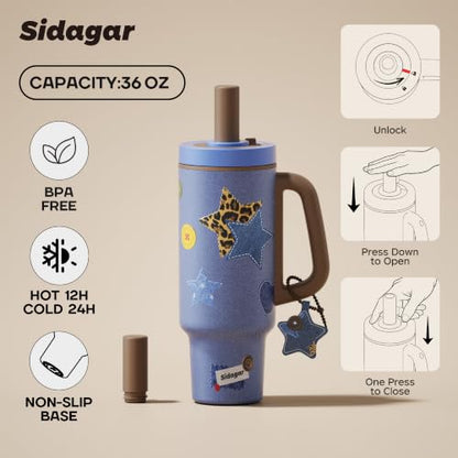 36 oz Insulated Tumbler with Handle, Stainless Steel Water Bottle, Leak-Resistant Travel Coffee Mug with Push Button Lid, Cup Holder Friendly for Tea & Daily Use, Blue - color: Denim Blue