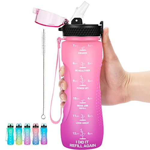 24 OZ Motivational Kids Water Bottle With Time Marker,Straw Lid,Leak Proof, Tritan BPA Free Sports Water Bottle Pink Purple(1 Lid) - color: Pink Purple