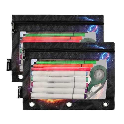 Soccer Ball Fire Pencil Pouch for 3 Ring Binder 2 Pcs Pockets Pencil Pouches Bag with Clear Pencil Case Cosmetic Bag for Office Daily School Supplies - color: Soccer Ball Fire