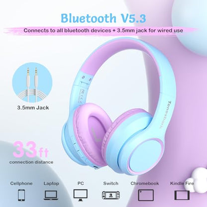 TONOSHARK Kids Bluetooth Headphones with Active Noise Cancelling, Wireless Over-Ear Headphones for Boys Girls, Foldable, Adjustable, 40H Playtime, Mic for School Travel (Purple Blue) - color: Purple blue