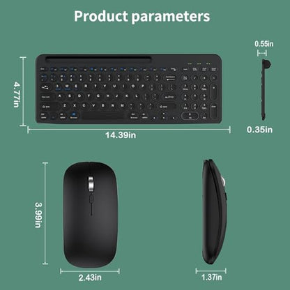 Wireless Keyboard and Mouse Combo with Phone Tablet Holder, Rechargeable Dual-Mode (Bluetooth 5.0 and 3.0 +2.4G) Multi-Device Silent Mouse for Windows, iPad, Tablet, MacOS,iOS,Android(Black) - color: Black