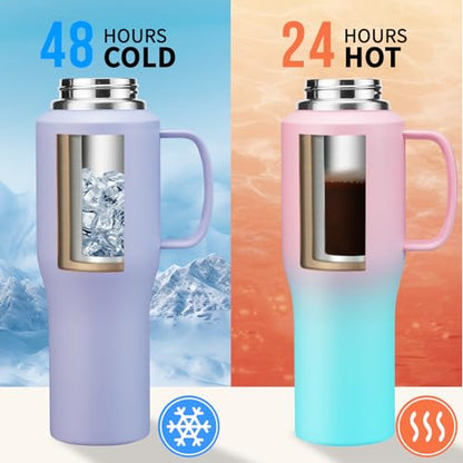 32oz Insulated Water Bottle - with Straw & Spout Lid, Strap Carrier Bag, Cold-48H & Hot-24H, Stainless Steel Travel Cup with Handle, Reusable Slim Metal Water Bottle for Car Travel Cycle Gym - color: Pink&Green, size: 32 ounces with handle