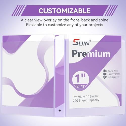 SUIN 1 Inch 3 Ring Binder, Clear 1'' View Presentation Binders with 2 Pockets, Fits 8.5 x 11 Letter Size, Durable Polypropylene, Non-Stick & PVC-Free for School, Office & Home (Pastel Purple) - color: Pastel Purple
