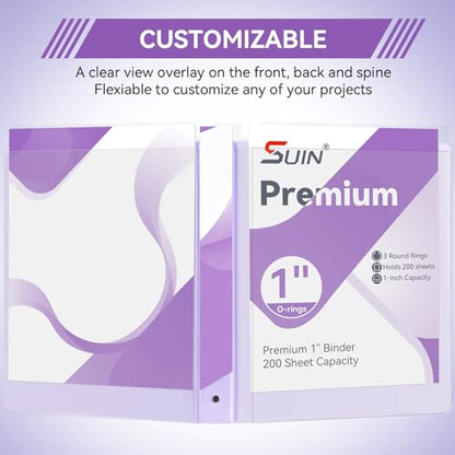 SUIN 1 Inch 3 Ring Binder, Clear 1'' View Presentation Binders with 2 Pockets, Fits 8.5 x 11 Letter Size, Durable Polypropylene, Non-Stick & PVC-Free for School, Office & Home (Pastel Purple) - color: Pastel Purple