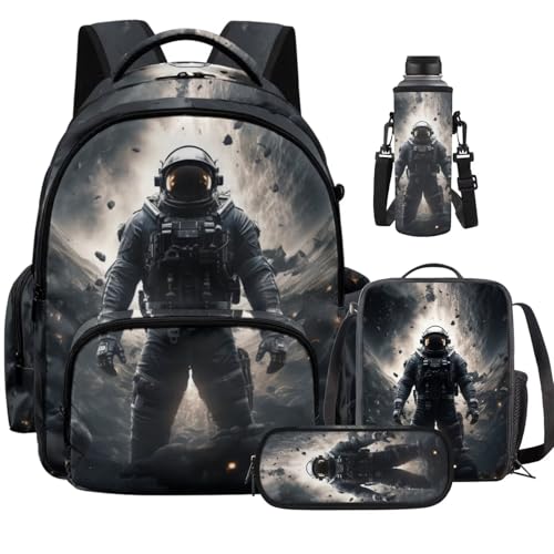 Cool Astronaut Backpack for Boys Girls 4-18 Kids Backpack with Lunch Box and Aesthetic Pencil Case 4 in 1 Set Bookbag for Elementary Kindergarten Large Capacity School Bag with Compartments - color: Cool Astronaut