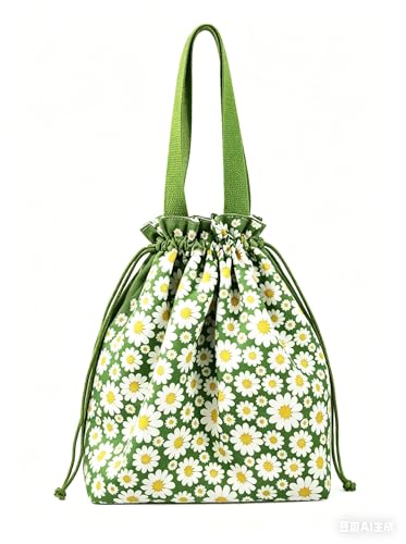 Printed Drawstring Lunch Bag,Waterproof Insulated Leakproof Lunch Tote for Adults Teens School Picnic Travel (Boho Green Daisy) - color: Boho Green Daisy