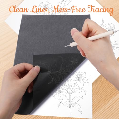 50 Sheets Carbon Paper for Tracing, A4 (8.3 x 11.7 Inch) Black Graphite Transfer Paper, No-Smudge Carbon Paper with 5 Embossing Stylus, Tracing Paper for Wood, Fabric, Canvas, DIY Craft