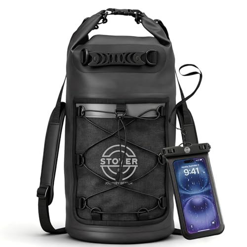 STOVER 5/10/25/30/40L Waterproof Dry Backpack & Phone Case- Large Floating Dry Bag for Kayaking, Travel, Hiking, Fishing, Camping, Motorcycles & Beach, Heavy-Duty Roll Top Men/Women (Black) - color: 25l+ Black, size: 25L