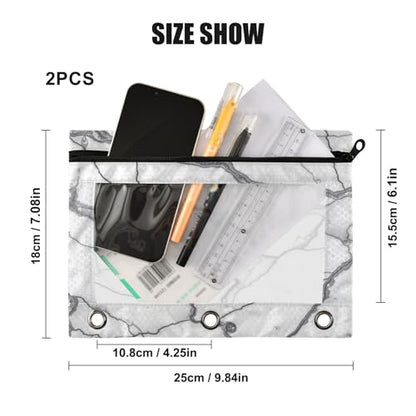 Kcldeci Pencil Pouch for 3 Ring Binder, White Gray Marble Stone 2 Pack Binder Pencil Pouch with Clear Window Pencil Bags with Zipper Pencil Case for Binder - color: A03