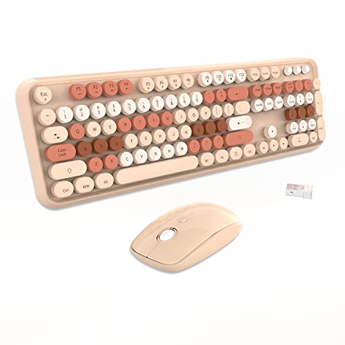 Wireless Keyboard and Mouse Combo Cute Colorful Keyboard and Mouse, Retro Typewriter Keyboard with 2.4GHz Plug & Play, for Windows 11/10/7, Laptop, PC (Milk Tea) - color: Milk Tea