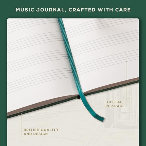 Beechmore Books Blank Sheet Music Notebook – A4 8.5"x11.5" for Songwriters, Musicians & Composers, 156 Thick 120gsm Pages, 10-Staff Perforated Sheets, Vegan Leather Hardcover, Elastic Closure, Gift Box - color: Dartmouth Green