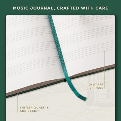 Beechmore Books Blank Sheet Music Notebook – A4 8.5"x11.5" for Songwriters, Musicians & Composers, 156 Thick 120gsm Pages, 10-Staff Perforated Sheets, Vegan Leather Hardcover, Elastic Closure, Gift Box - color: Dartmouth Green