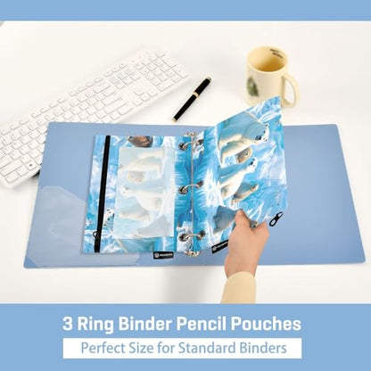 2 Pack Pencil Pouch for 3 Ring Binder Polar Bear Pencil Case Pouch with Clear Window Zipper Binder Pencil Pouches Pen Bag for Office School Supplies - color: Polar Bear
