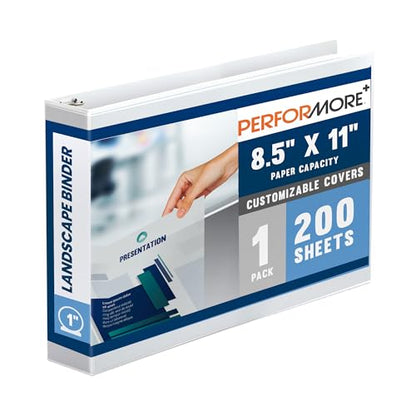 Performore - 8.5" X 11" Landscape View Binder, 3-Ring-Binder 1" Capacity Round Ring, White Horizontal Formatted with Clear Cover Pockets, Perfect for Documents, Projects and More