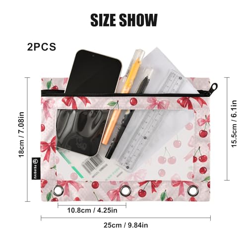 2 Pack Pencil Pouch for 3 Ring Binder Cherry Pink Bow Pencil Case Pouch with Clear Window Zipper Binder Pencil Pouches Pen Bag for Office School Supplies - color: Cherry Pink Bow