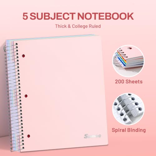 SUNEE 5 Subject Notebook College Ruled - 400 Pages, 9"x11", 5 Pocket Colored Dividers, 3-Hole Punched Paper, Pink - color: Pink, style: College Ruled