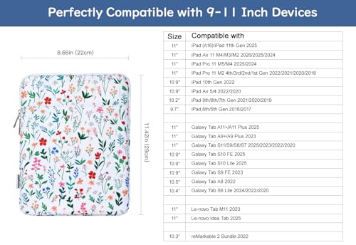 Dadanism 9-11 Inch Tablet Sleeve Bag Carrying Case for iPad (A16) 11th Gen 11", iPad 10th Gen 10.9" Air 5/4, iPad Air/Pro 11", iPad 9/8/7th 10.2", Galaxy Tab A11+ Plus 11"/S9 FE, Tab M11 11", Flowers - color: Flowers, size: 9-11 inch