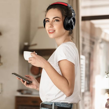OneOdio Bluetooth Over Ear Headphones, 110 Hrs Wireless/Wired Stereo Sound Foldable Headsets with Deep Bass 50mm Neodymium Drivers for PC/Phone/Tablet - Studio Wireless Pro C, Red - color: Red