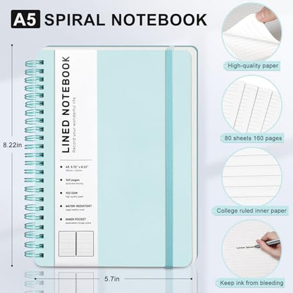 Light Green Lined Spiral Journal Notebook with 160 Pages, 8×5.7in, A5 Spiral Notebook, Journaling Notebooks for Work, School, Women, Men, College Ruled Spiral Notebook, Hardcover Leather Journals | 160 Pages Small Journaling Notebooks, 5.7"x11" Note Book