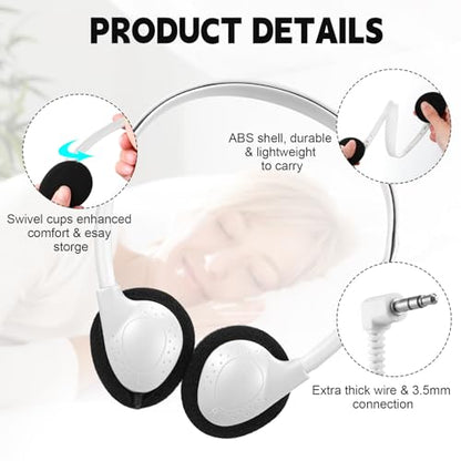Konohan 30 Pack Headphones Bulk Headphone for School Classroom Student Wired Headphones Adjustable with 3.5 mm Jack for Adults (White) - color: White