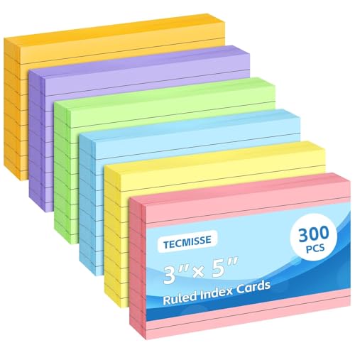 Tecmisse 300PCS 3x5 Index Cards Colored, Ruled Index Cards Colorful, Lined Flash Cards for Studying, Heavy Note Cards for Office, Home and School