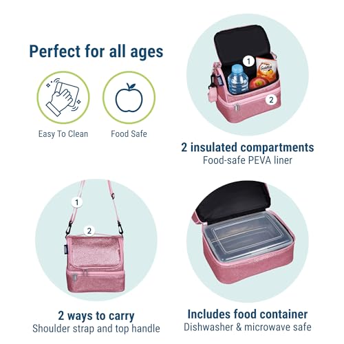 Wildkin Two Compartment Lunch Bag, Pink Glitter | Two compartments keep lunch and snacks separate, PEVA-lined main section, ages 5+ — clean solid colors - color: Pink Glitter
