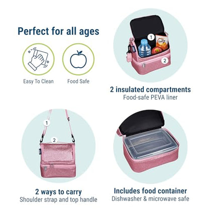 Wildkin Two Compartment Lunch Bag, Pink Glitter | Two compartments keep lunch and snacks separate, PEVA-lined main section, ages 5+ — clean solid colors - color: Pink Glitter