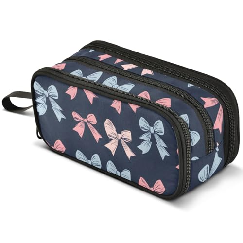 ALAZA Blue Pink Bow Pattern Large Pencil Case, Pen Pouch Pencil Bag with 3 Compartments Pen Holder Organizer Stationery Bag - color: Blue Bow