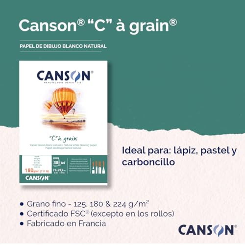 Canson "C à Grain A4 224g White Drawing & Sketching Paper Pad, 30 Sheets, Fine Grain Texture, Glued on Short Side, for Professional Artists - size: A4, style: 224gsm