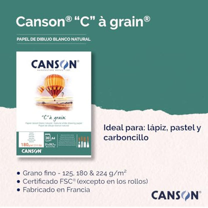 Canson "C à Grain A5 180g White Drawing & Sketching Paper Pad, 30 Sheets, Fine Grain Texture, Glued on Short Side, Ideal for Professional Artists - size: A5, style: 180gsm