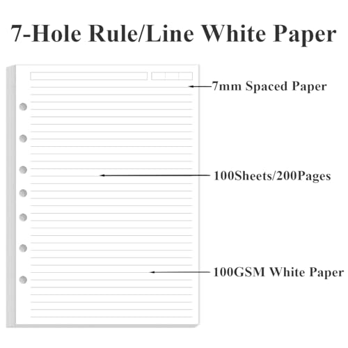 7-Hole Lined Paper Refills for Mini Binder - 100 Sheets/200 Pages 7 Ring Loose Leaf Lined Paper with Binder Dividers, 5.8" x 8.5" - style: 7-Hole/Desk Size 4