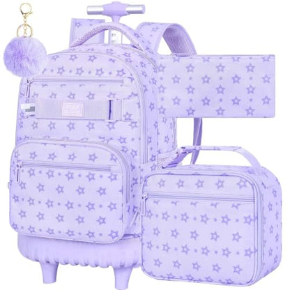 3Pcs Rolling Backpack for Girls Women, School Kids Roller Bookbag with Wheels, Wheeled Backpacks Set for Elementary (Purple) - color: Star Purple