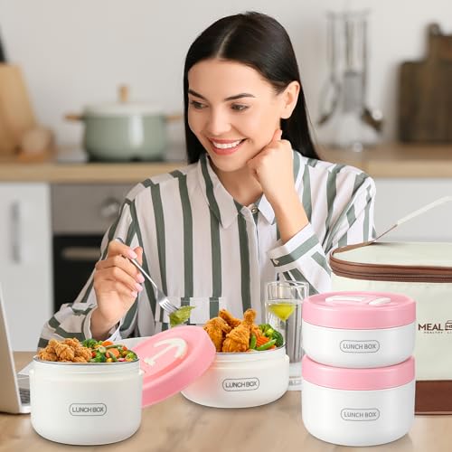 Dandat 4 Pcs Insulated Lunch Container, Portable Bento Box, Stainless Steel Lunch Box, Round Stackable Leakproof Thermal Food Container for Adult Men Women with Insulated Bag, 74 oz(Pink) - color: Pink