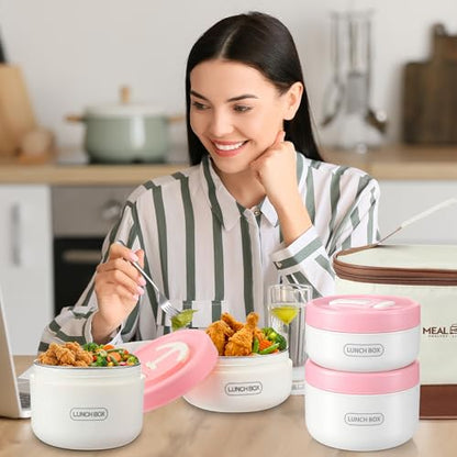 Dandat 4 Pcs Insulated Lunch Container, Portable Bento Box, Stainless Steel Lunch Box, Round Stackable Leakproof Thermal Food Container for Adult Men Women with Insulated Bag, 74 oz(Pink) - color: Pink