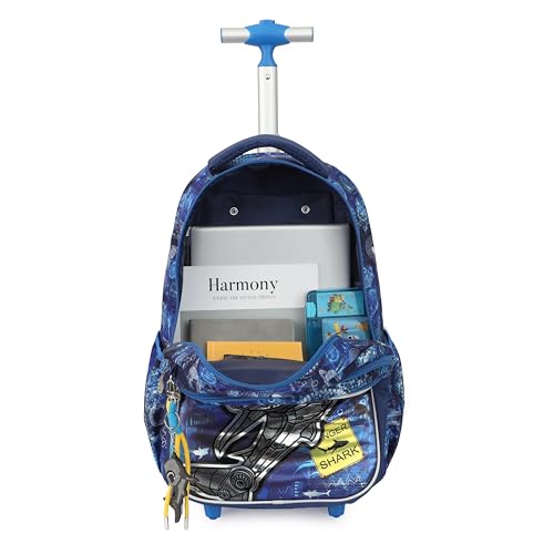 Cartoon Rolling Backpack for Boys Girls, Kids 5 Pcs Wheeled Backpack, Travel Backpack for Elementary Students (Shark Blue) - color: Shark Blue