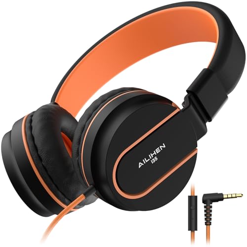 AILIHEN Kids Headphones, I35 On-Ear Headphones for School, Safe Volume 93dB, HD Mic Stereo Headphone for Kid Girls Boys, Foldable 3.5mm Wired for Chromebook, Laptop, Computer, Tablet (Black Orange) - color: Black