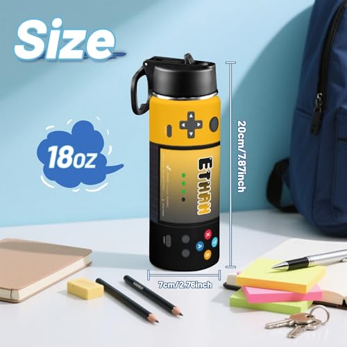 Personalized Game Water Bottle for Boys, Customized Kids Insulated Bottle with Name for Kids for School, Stainless Steel Thermo with Straw, 18oz - color: Game