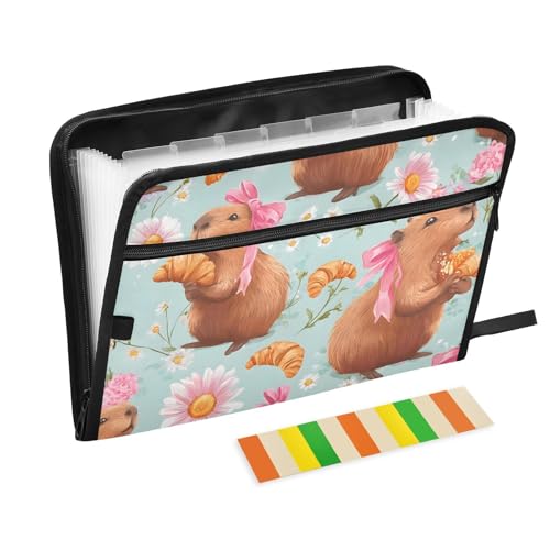 Expanding File Folder Bow Capybara Accordion File Organizer 13 Pockets Document Organizer with Zipper Labels A4 Letter Office Storage - color: Multi29