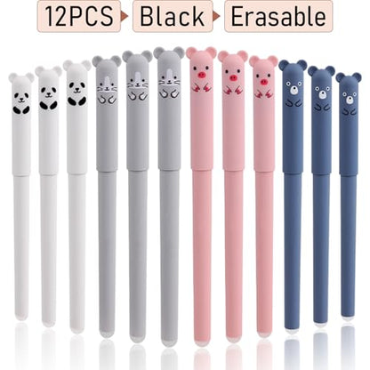 Cute Cartoon Animal Erasable Gel Pens, 12 Pack, 0.5mm Fine Point, Refillable Black Ink Rollerball Pens for Students & Adults, Ideal for Writing, Note Taking, School & Office Supplies - color: 12 Black Ink