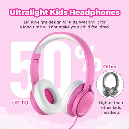 TuneFlux Upgraded Kids Headphones, Wired Toddler Headsets, 85dB Limited Volume On Ear Headphones, Portable Foldable Design, Stereo Sound Kids Headsets for School/Tablet/Travel-Pink - color: Pink