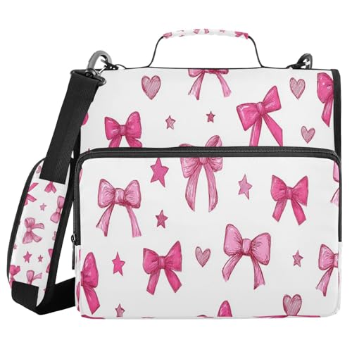 Caikeny 3 Ring Zipper Binder Pink Bows Hearts Stars 1.5 inch Binders Bag Expanding File Pockets with Shoulder Strap and Handle - color: Multicolored 1z83.8