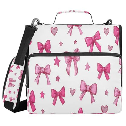 Caikeny 3 Ring Zipper Binder Pink Bows Hearts Stars 1.5 inch Binders Bag Expanding File Pockets with Shoulder Strap and Handle - color: Multicolored 1z83.8