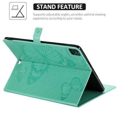Dteck Wallet Case for iPad Air 13 Inch M2 2024 & iPad Pro 12.9 2022/2021/2020/2018 with Pencil Holder,Embossed Butterfly Auto Sleep/Wake PU Leather Smart Stand Girls Cute Folio Pocket Cover,Green - color: 10 Green