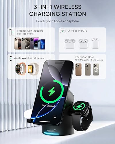 ZEEHOO 3 in 1 Charging Station for Apple Devices, Mag-Safe Charger Stand, Qi2 15W Auto-Rotating Wireless Charger for iPhone 17 16/15/14/13/12 Series& AirPods& iWatch(Black) - color: Black