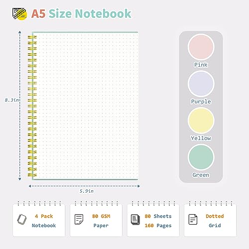 Umriox Small Spiral Notebook, 4 Pack A5 Dotted Spiral Notebook 5.9" x 8.3" Dot Grid Paper 160 Pages, Dot Grid Journal Notebook for Note Taking, Work, School - size: 5.9 x 8.3 in, style: Dotted