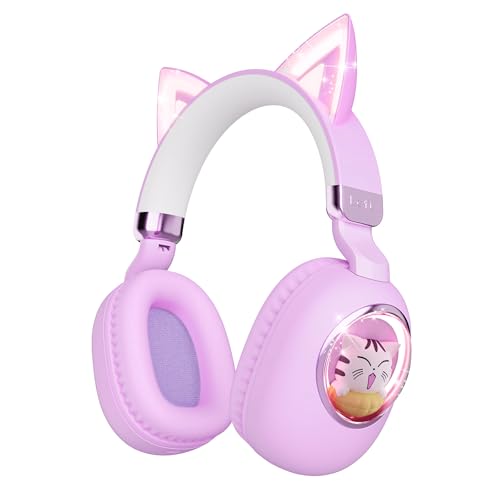 Kids Headphones Bluetooth 5.4 - Cat Ear LED Light Up Noise Cancelling Wireless Headphones with Mic, 85dB Volume Limited, Wired & Wireless Mode for Travel/School/iPad - color: Purple