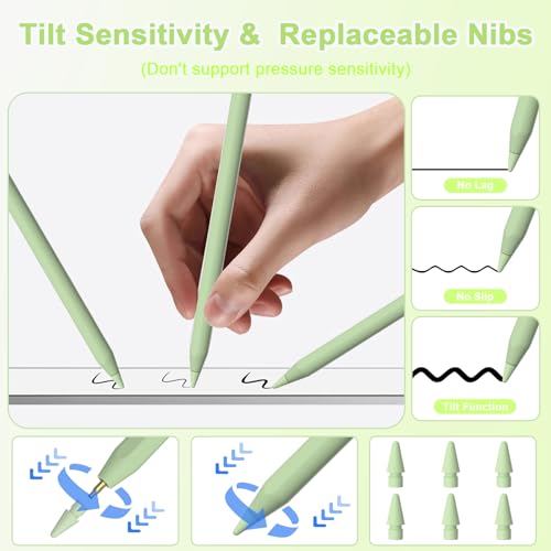 Stylus Pen for iPad, Magnetic Wireless Charging & USB C Fast Charge Pencil Compatible with Apple iPad (A16)11/10/9/8/7/6th Generation, Pro 13"/12.9"/11", Air M3/M2/5/4/3, Mini (A17 Pro)7/6/5 Gen Green - color: Green+6pcs Replacement Nibs