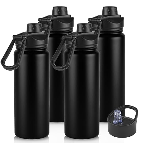 24oz Insulated Water Bottle with Straw Lid, Stainless Steel Metal Water Bottle with Straw & Wide Mouth Lid, Double Wall Vacuum Water Bottle for Hiking Camping, Black 4 Pack - color: Black, size: 24oz-4 Pack
