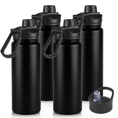24oz Insulated Water Bottle with Straw Lid, Stainless Steel Metal Water Bottle with Straw & Wide Mouth Lid, Double Wall Vacuum Water Bottle for Hiking Camping, Black 4 Pack - color: Black, size: 24oz-4 Pack