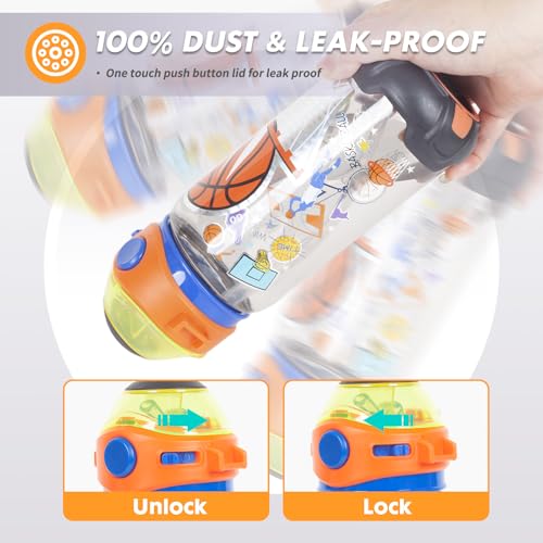 Kids Water Bottle with Straw/Lanyard for School Kids Girls Boys, 22oz BPA Free Child Drinking Water Bottle One-Click-Open Leak-Proof Locking Flip Lid for School Sport Travel - color: H12. Basketball